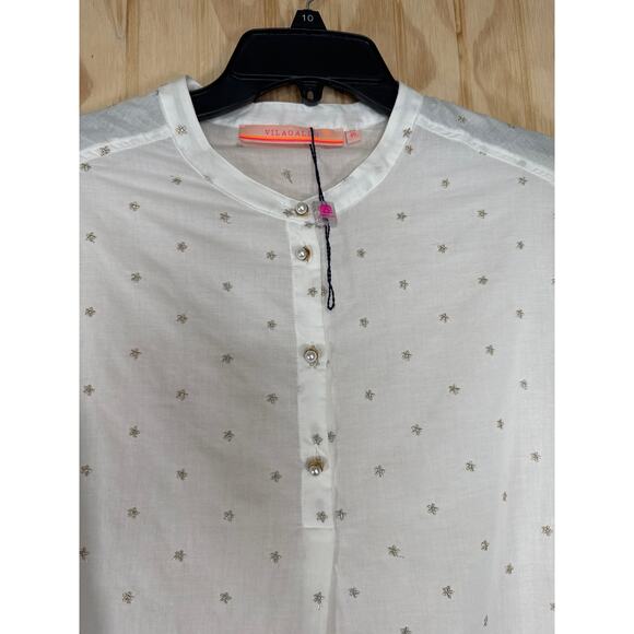 Vilagallo White Star Shirt Size 40 NWOT 3/4 Sleeve Cotton Blend Partial button - Picture 3 of 8
